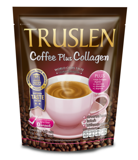 كوفي بلس كولاجين خاصة للتنحيف والجمال نسكافية بلس كولاجين Truslen coffee plus collagenخالية من السكر والكوليسترول، ومنخفضة الدهون ومصممة لدعم صحة البشرة وانقاص الوزن فيها 15 كيس وزنه 240 غرام