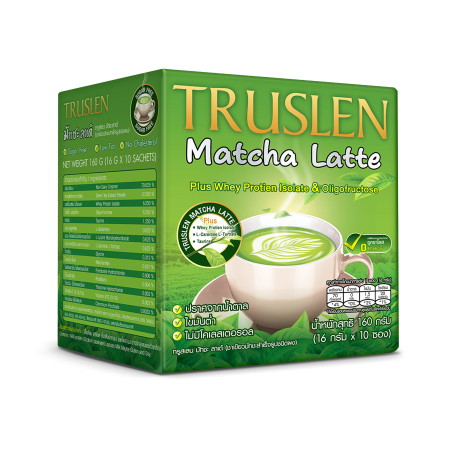 شاي ماتشا لاتيه تروسلين (Truslen Matcha Latte) مدعم بالبروتين (Whey Protein) وخالي من السكر وزنه 160 غرام فيه 10 اكياس